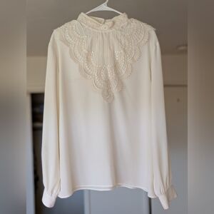 Cream Embroidered Bib Collar Long Sleeve Blouse